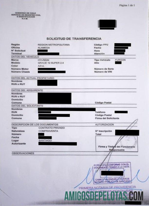 Exemplo de certificado de registro de veículo no Chile